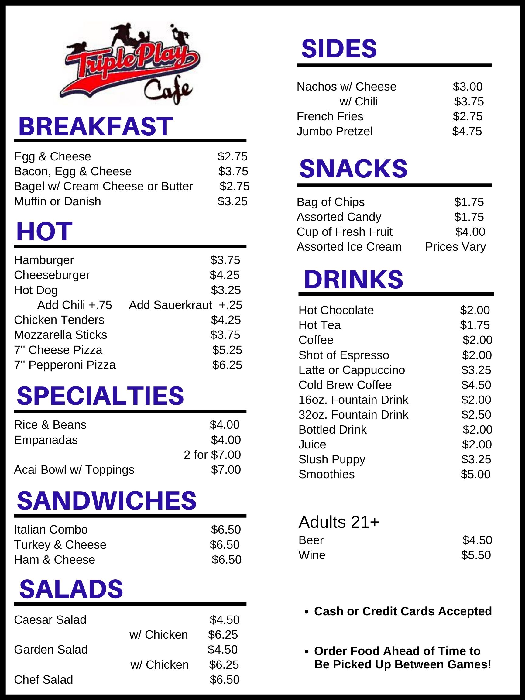 Cafe Menu Outside Frozen Ropes Chester, NY