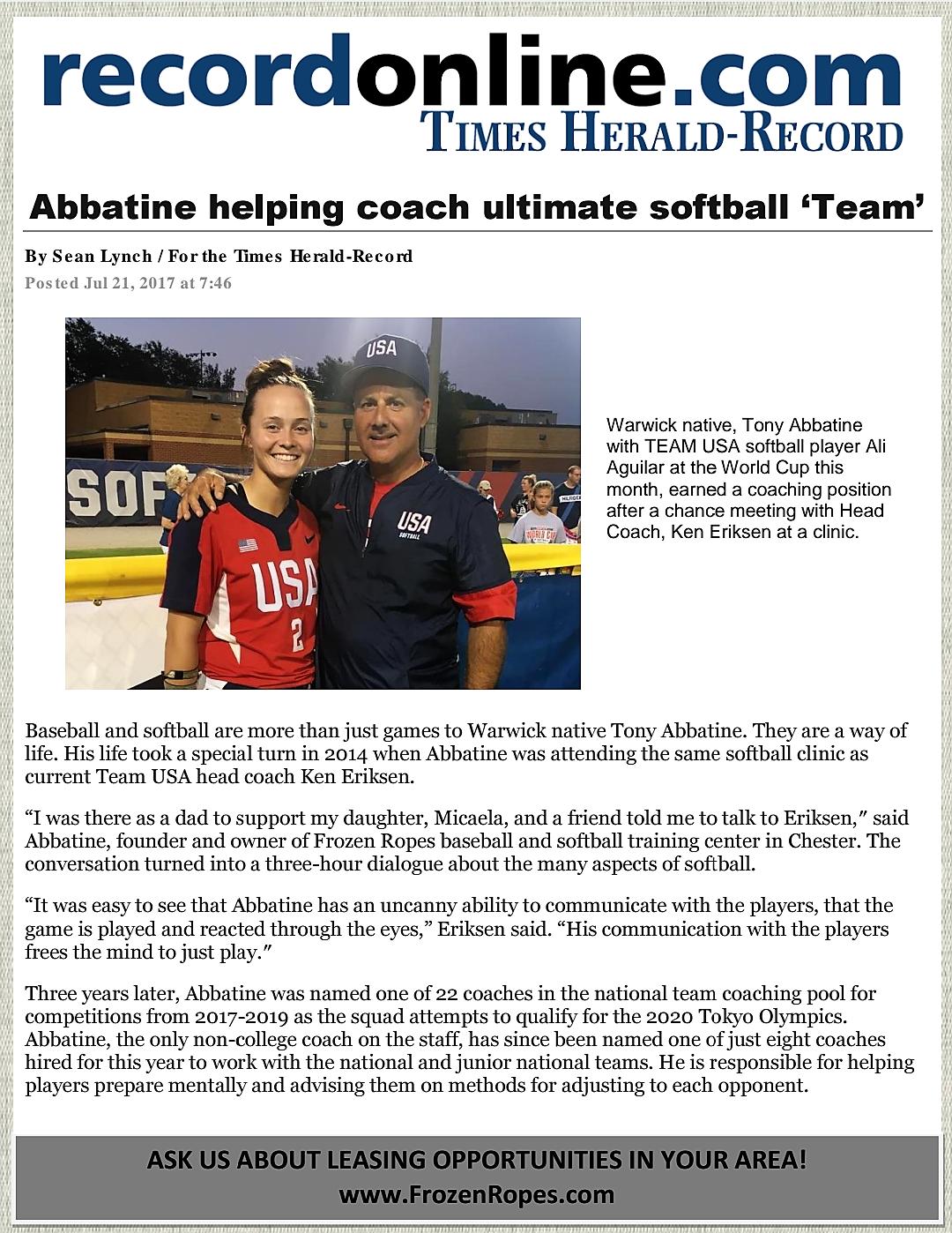 Frozen Ropes USA, Chester, Tony Abbatine, Times Herald Record, Team USA, Softball